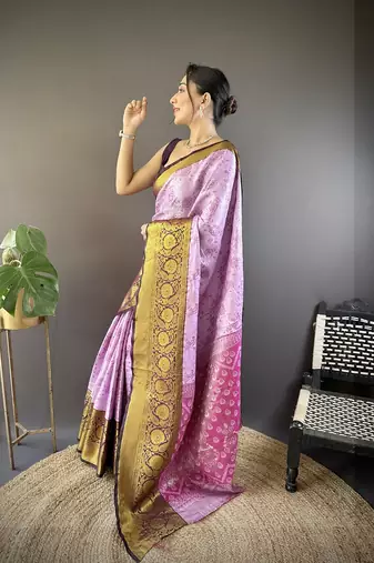 pink & brown color woven zari work kanjivaram tissue art silk blend saree