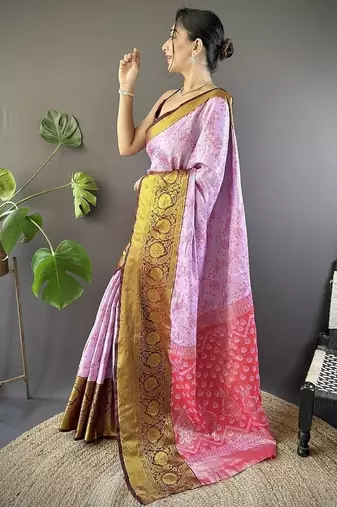 levender & blue color woven zari work kanjivaram tissue art silk blend saree