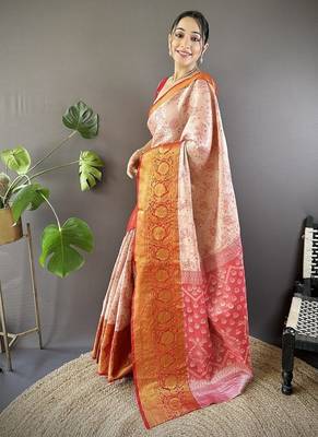 orange & red color woven zari work kanjivaram tissue art silk blend saree 1