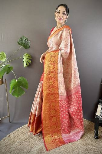 orange & red color woven zari work kanjivaram tissue art silk saree