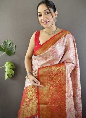 orange & red color woven zari work kanjivaram tissue art silk blend saree 2