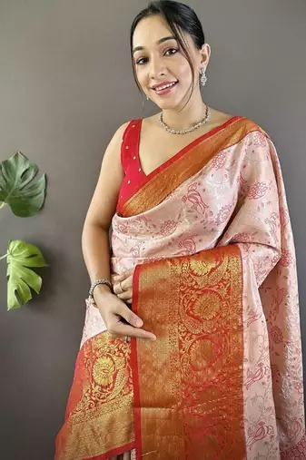 orange & red color woven zari work kanjivaram tissue art silk blend saree