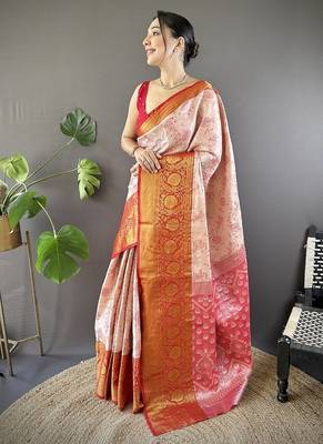 orange & red color woven zari work kanjivaram tissue art silk blend saree 3