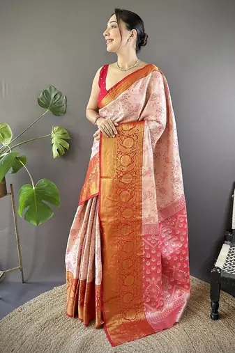 orange & red color woven zari work kanjivaram tissue art silk blend saree