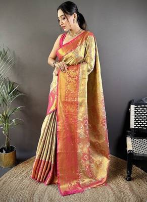 yellow woven zari work kanjivaram tissue art silk blend saree 1