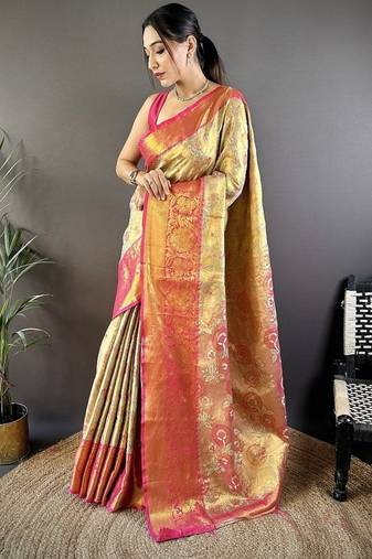 yellow color woven zari work kanjivaram tissue art silk saree