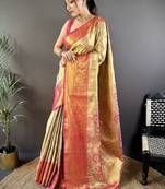 yellow color woven zari work kanjivaram tissue art silk saree