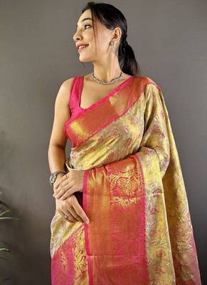 yellow woven zari work kanjivaram tissue art silk blend saree 2