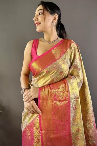 yellow color woven zari work kanjivaram tissue art silk blend saree
