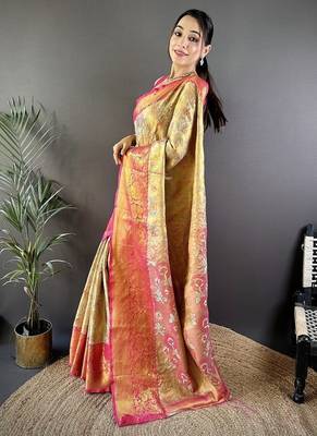 yellow woven zari work kanjivaram tissue art silk blend saree 3