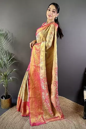 yellow color woven zari work kanjivaram tissue art silk blend saree