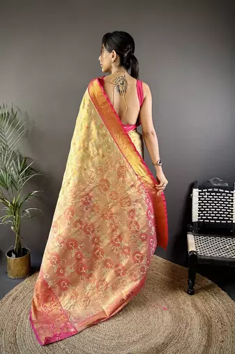 yellow color woven zari work kanjivaram tissue art silk blend saree