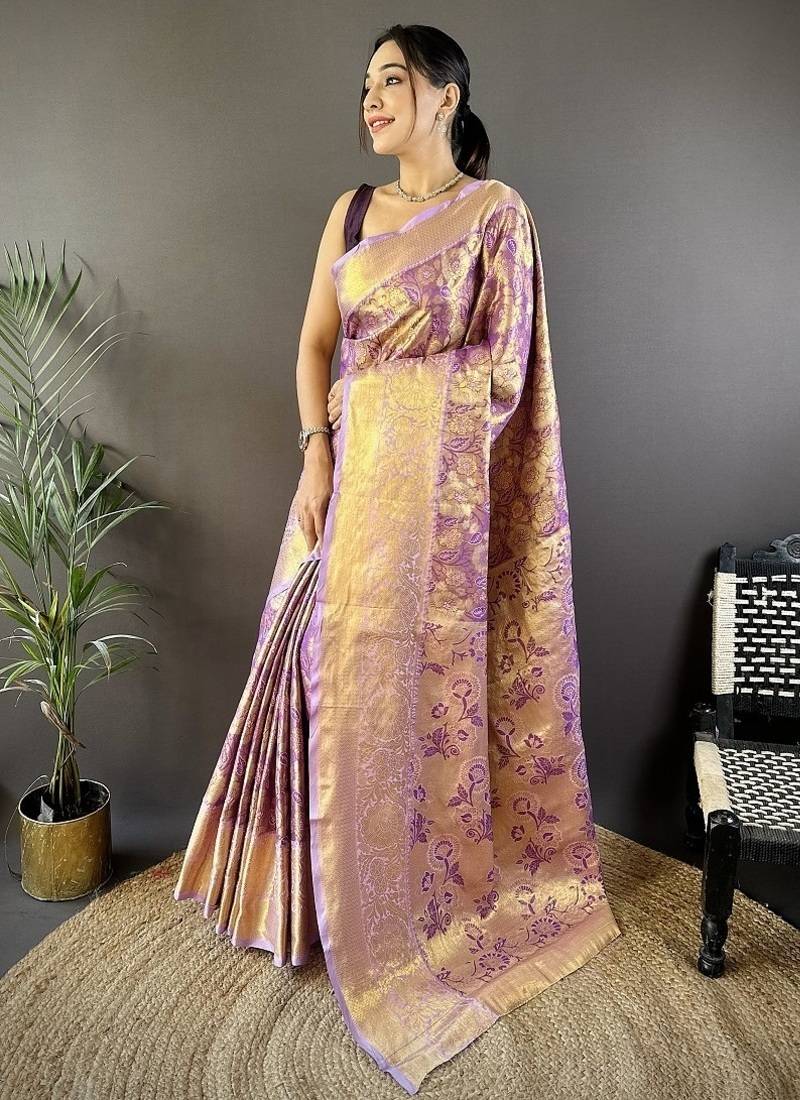 purple color woven zari work kanjivaram tissue art silk saree