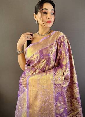 purple color woven zari work kanjivaram tissue art silk blend saree 2