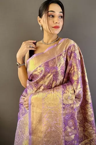 purple color woven zari work kanjivaram tissue art silk blend saree