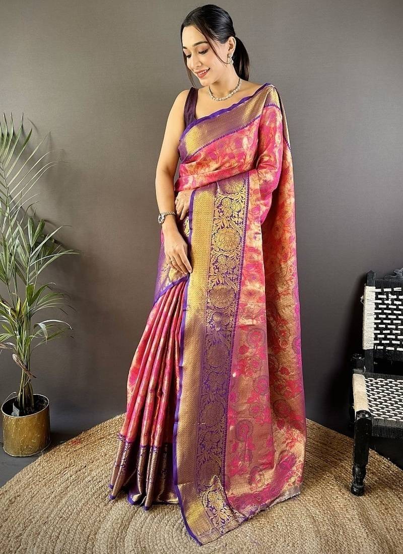 pink color woven zari work kanjivaram tissue art silk saree