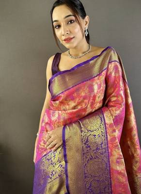 pink color woven zari work kanjivaram tissue art silk blend saree 2