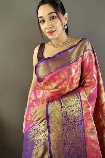pink color woven zari work kanjivaram tissue art silk blend saree