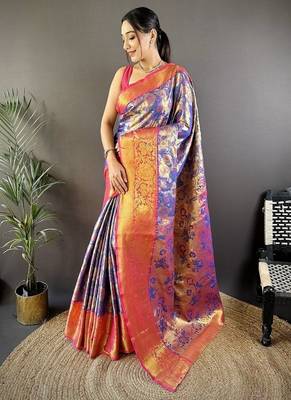 blue color woven zari work kanjivaram tissue art silk blend saree 1