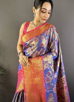 blue color woven zari work kanjivaram tissue art silk blend saree 2