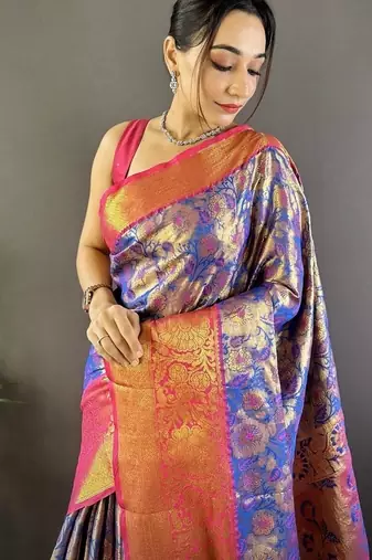 blue color woven zari work kanjivaram tissue art silk blend saree