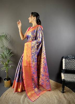blue color woven zari work kanjivaram tissue art silk blend saree 3