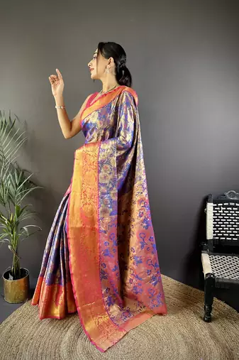 blue color woven zari work kanjivaram tissue art silk blend saree