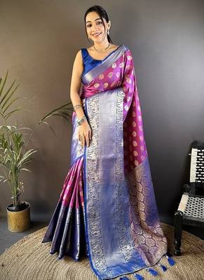 purple handloom kanjivaram katan art silk blend weaves work saree 1