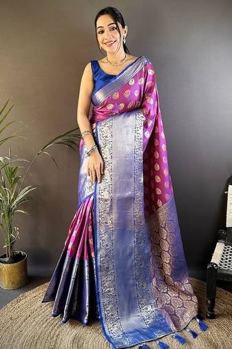 purple color handloom kanjivaram katan art silk weaves work saree