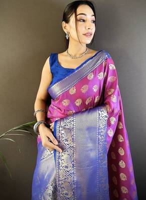 purple handloom kanjivaram katan art silk blend weaves work saree 2