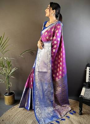 purple handloom kanjivaram katan art silk blend weaves work saree 3