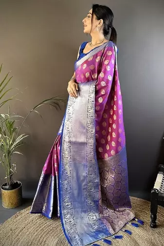 purple color handloom kanjivaram katan art silk blend weaves work saree