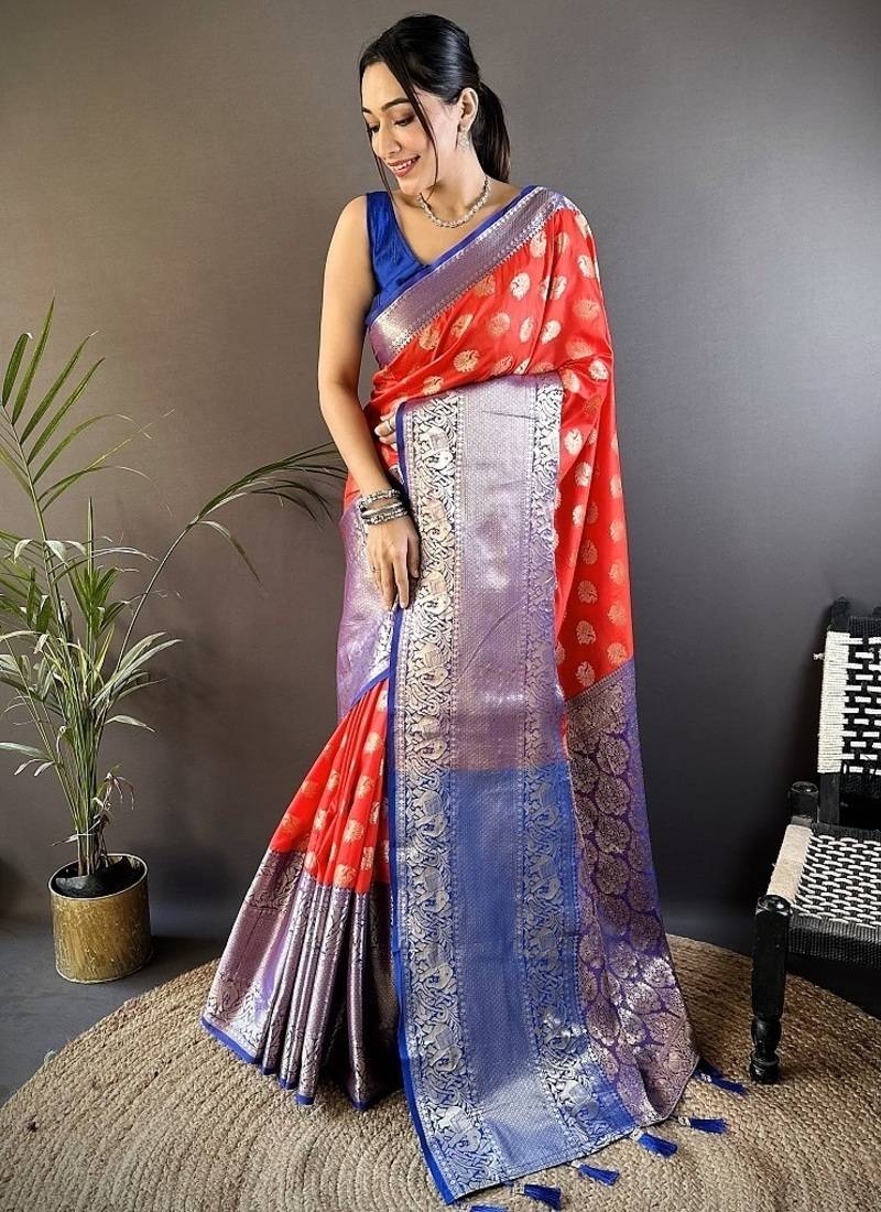 red color handloom kanjivaram katan art silk weaves work saree