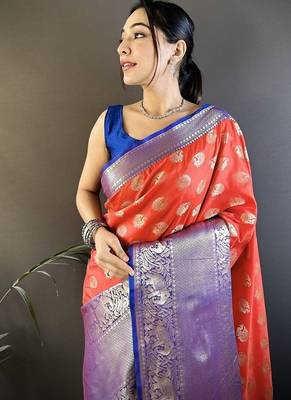 red color handloom kanjivaram katan art silk blend weaves work saree 2