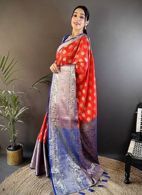 red color handloom kanjivaram katan art silk blend weaves work saree 3