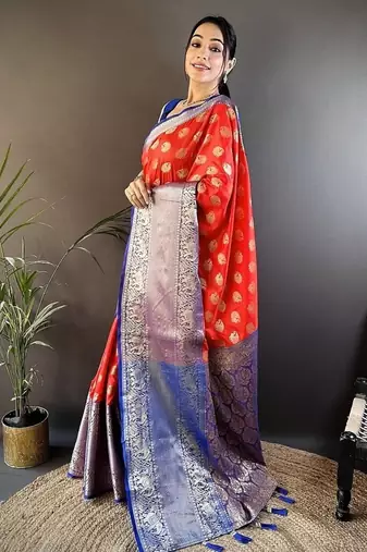 red color handloom kanjivaram katan art silk blend weaves work saree