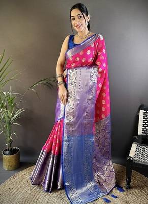 pink color handloom kanjivaram katan art silk blend weaves work saree 1