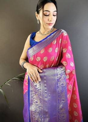 pink color handloom kanjivaram katan art silk blend weaves work saree 2