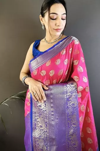 pink color handloom kanjivaram katan art silk blend weaves work saree