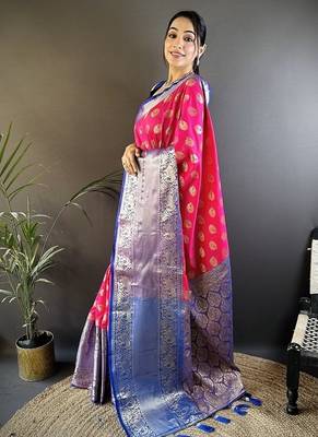 pink color handloom kanjivaram katan art silk blend weaves work saree 3