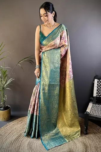 peach color jacquard woven  kanjivaram tissue art silk work saree