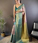 peach color jacquard woven  kanjivaram tissue art silk work saree