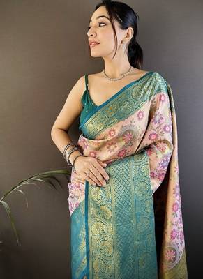 peach jacquard woven kanjivaram tissue art silk blend work saree 2