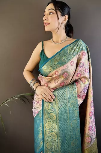 peach color jacquard woven  kanjivaram tissue art silk blend work saree