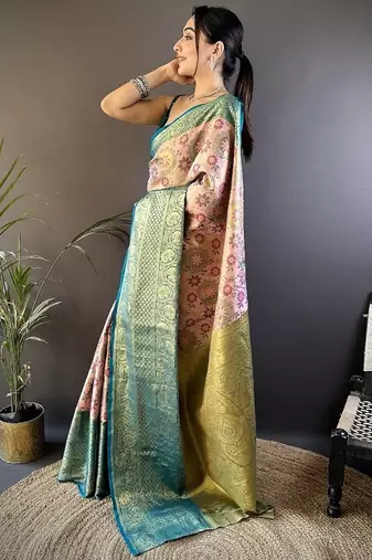 peach color jacquard woven  kanjivaram tissue art silk blend work saree