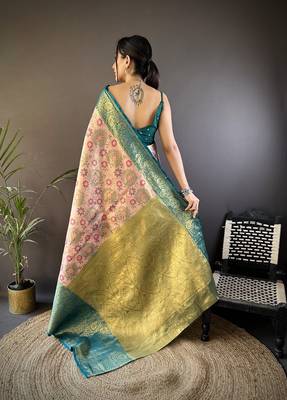 peach jacquard woven kanjivaram tissue art silk blend work saree 4