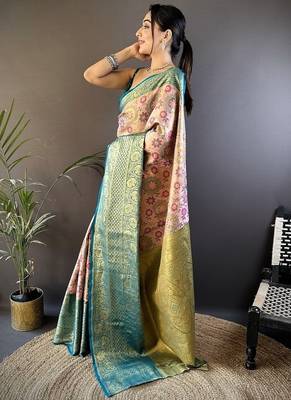 orange color jacquard woven  kanjivaram tissue art silk blend work saree 1