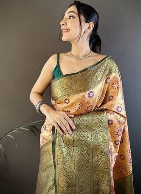 orange color jacquard woven  kanjivaram tissue art silk blend work saree 2