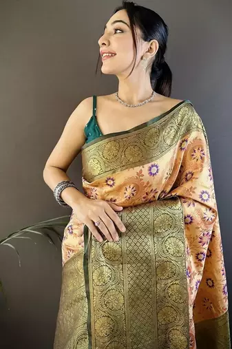 orange color jacquard woven  kanjivaram tissue art silk blend work saree