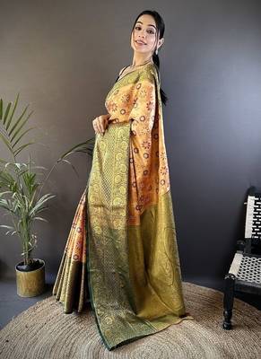 orange color jacquard woven  kanjivaram tissue art silk blend work saree 3